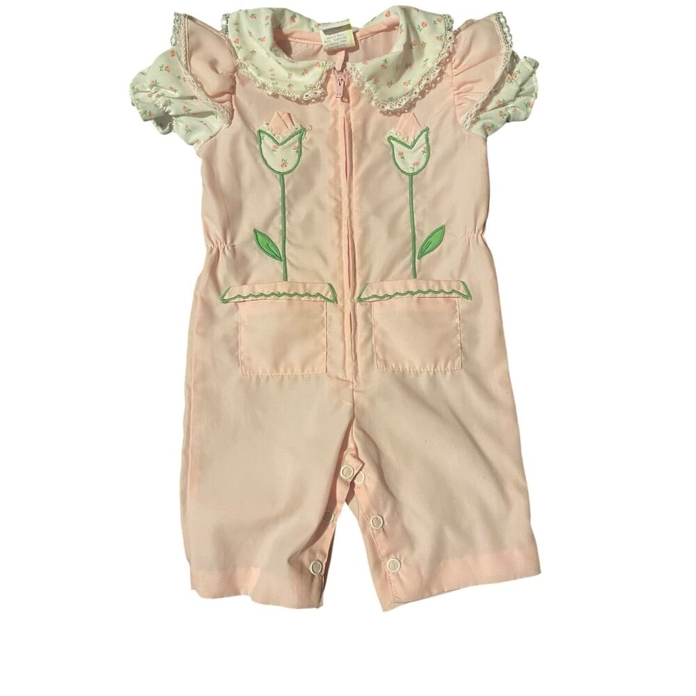 Adorable Pink Baby Romper Tulip Embroidery Ruffles Collar Zipper‎ Snap Crotch
